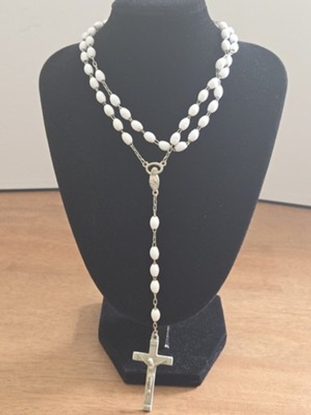 Vintage Catholic Rosary White Beads Silver Tone Crucifix Madonna Center...
